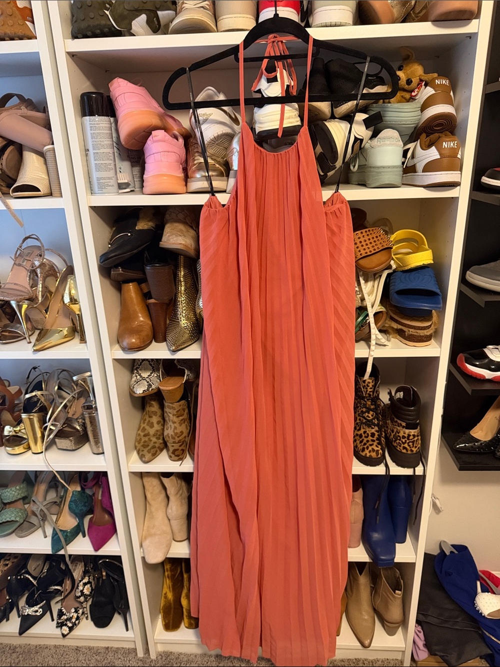 Women’s Coral Halter Pleated Maxi Dress